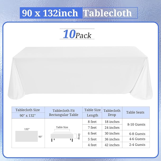 10 Pack White Tablecloths for 6ft Tables-90 x 132 Inch | Polyester Table Cover, Stain and Wrinkle Resistant Washable Fabric Table Cloth, Perfect for Wedding Banquet Parties - Image 2
