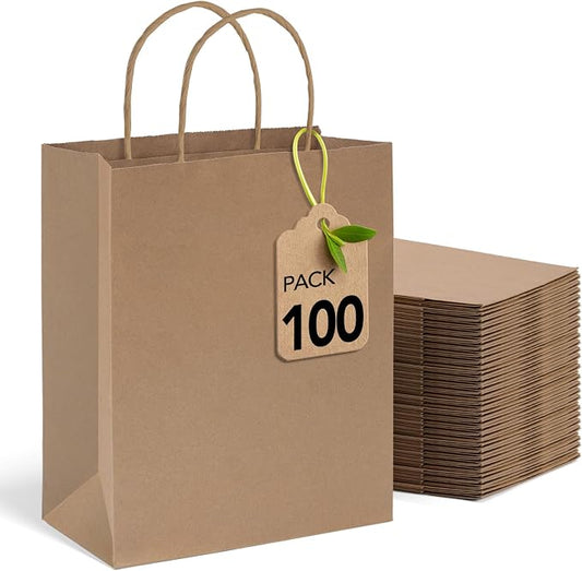 MESHA Brown Kraft Paper Bags 10x5x13 Inch 100Pcs Gift Bags with Handles | Large Kraft Bulk Recycled Shopping Bags for Business Merchandise Retail, Birthday Party Favors, Grocery Packaging by MESHA
