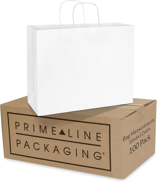 Prime Line Packaging Large White Bags with Handles, 16x6x12 100 Pack Kraft Paper Boutique Bags for Small Business, Retail, Shopping, Merchandise, Bulk by PrimeLinePackaging