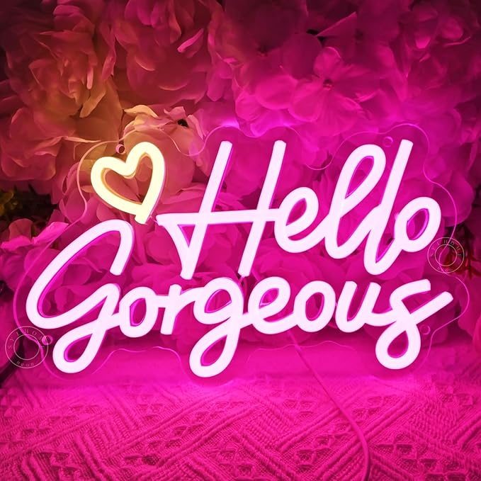 SYLHOME Hello Gorgeous Led Neon Light Sign Heart Bedroom Girls Room Wall Decor Sign Bar Beauty Studio Salon Wedding Birthday Christmas Party Decoration 11.8" X 6.8" USB