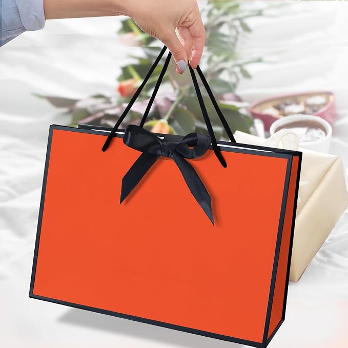 50 Pack Gift Bag with Bow Ribbon Horizontal Paper Gift Bags Bulk for Women Men Birthday Wedding Bridesmaid Party Favor Shopping Retail Gift Sacks (Orange, 11x4x8 Inch (Pack of 50)) - Image 4