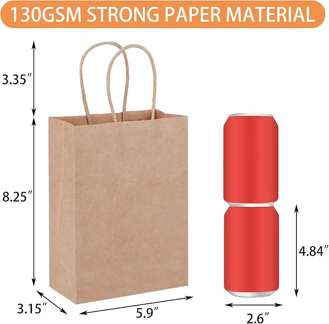 STOBOCTER 100Pcs Paper Gift Bags, 5.9"x3.15"x8.25" Gift Wrap Bags with Handles, Brown Kraft Paper Bags for Small Business, Paper Bags Bulk for Birthday Party Favors, Shopping, Grocery, Retail, Craft - Image 2