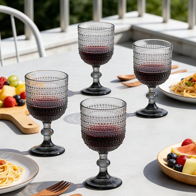 Gray Wine Glasses Set of 4, 12oz Vintage Goblet Glasses, Embossed Glass Cups Hobnail Glassware for Weddings, Dinners, and Holiday Gifting