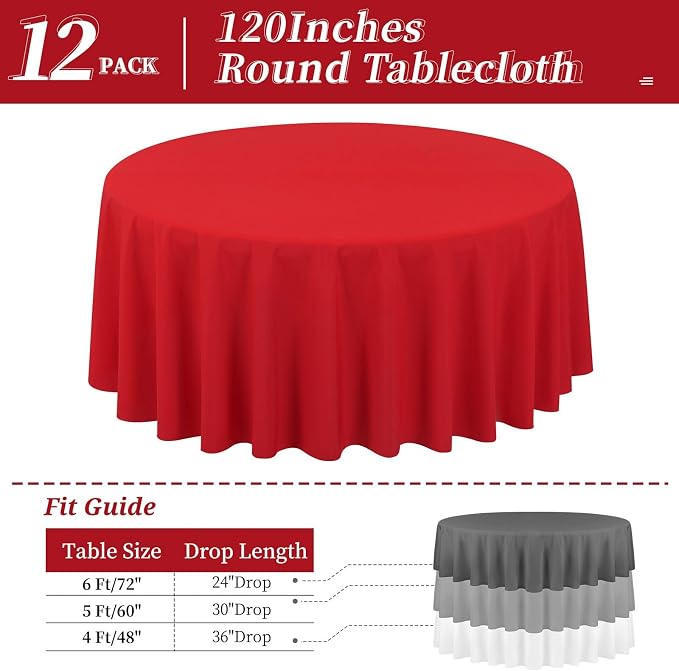 12 Packs 120 Inch Red Round Polyester Tablecloths | Table Cover for Round Tables, Stain and Wrinkle Resistant Washable Table Cloth, Perfect for Wedding Banquet Parties - Image 2
