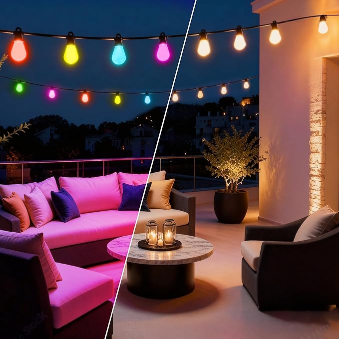 Outdoor String Lights 118FT Smart Patio Lights with Remote &APP Control, 36 LED Bulbs RGB IC Warm White, IP65 Waterproof Color Changing for Christmas, Balcony, Gazebo,Garden, Party, Holiday Decor