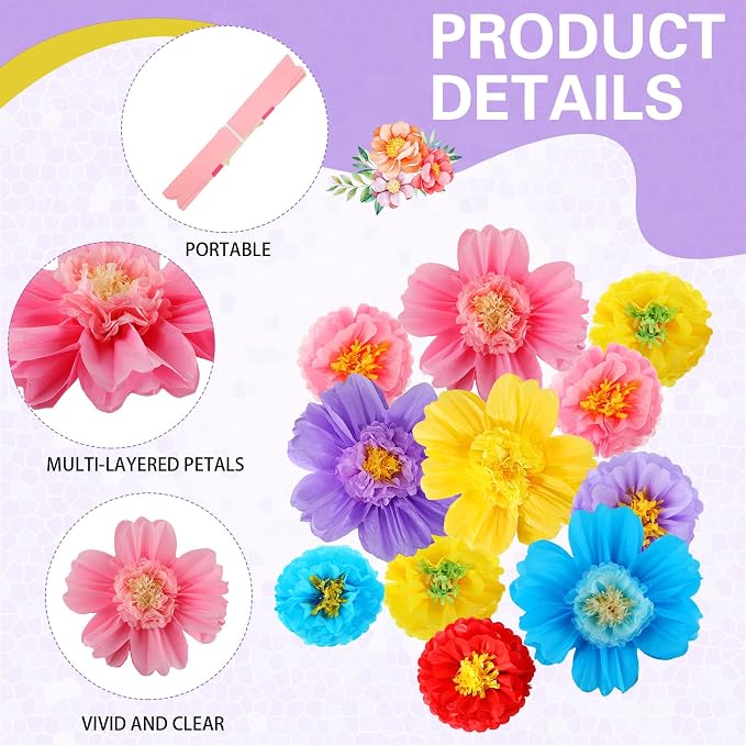 Crowye 12 Pcs Large Tissue Paper Flower Decor,10'' 20'',Cute Color | Giant Craft Crepe Paper Flower, Colorful, for Wall Decorations Backdrop Mexican Wedding Birthday Carnival School Party - Image 4