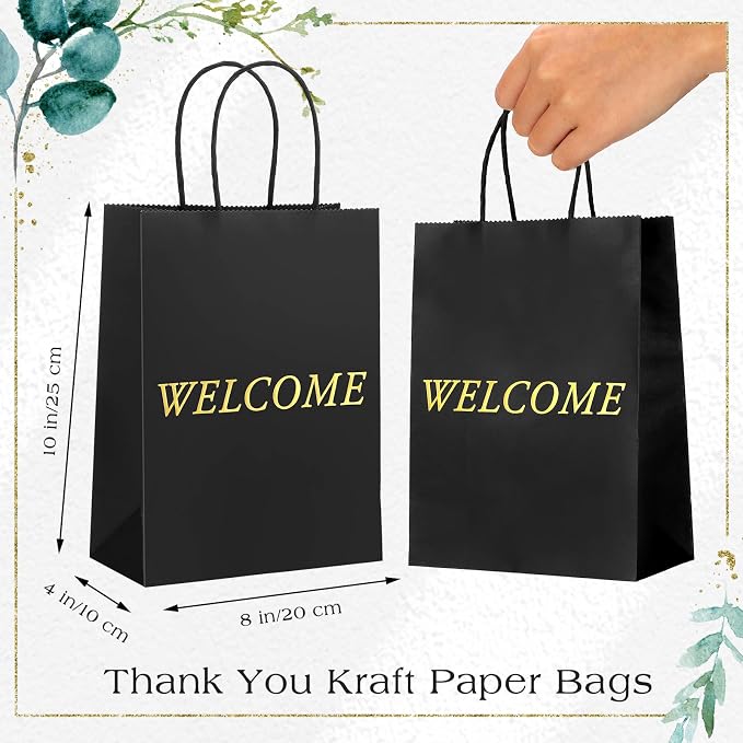 Jexine 100 Pcs Black Welcome Gift Bags 8 x 4 x 10 Inches Welcome Bags Bulk | Durable Kraft Paper Bags with Handles, for Wedding, Hotel Guests, Church Visitor, Retail Shopping, Party Favor Gift Packaging - Image 2