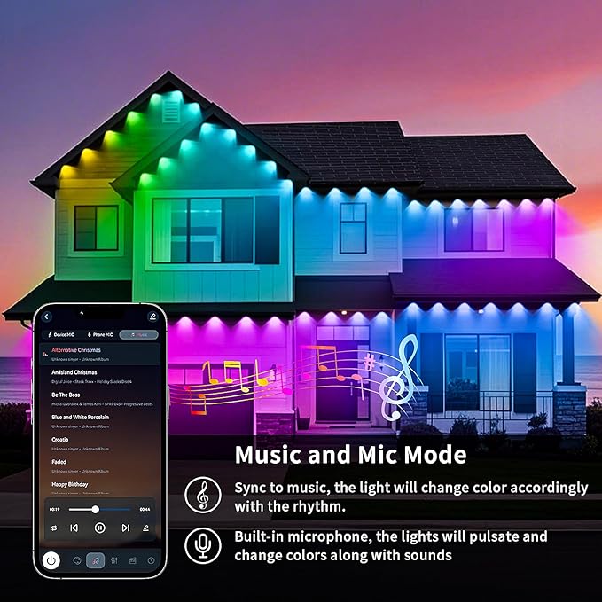 KSIPZE Permanent Outdoor Lights for House, 50ft Smart RGB+IC Eaves LED Lights with App & Button Control, 200+ Dynamic Scene Modes, IP67 Waterproof for Roof, Garden, Christmas, Party Decor