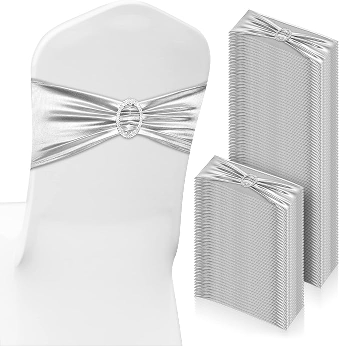CHENGU 150 Pcs Silver Chair Sashes with Buckle, Stretch Bands by CHENGU