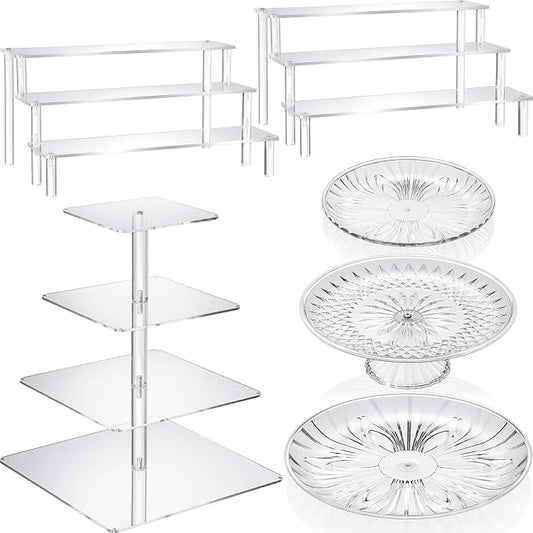 6 Pcs Acrylic Dessert Stands Set Include Display Risers Cupcake Tower and Clear Round Dessert Trays Cake Table Holder for Wedding Baby Shower Decoration(Classic Style) by RimCereal