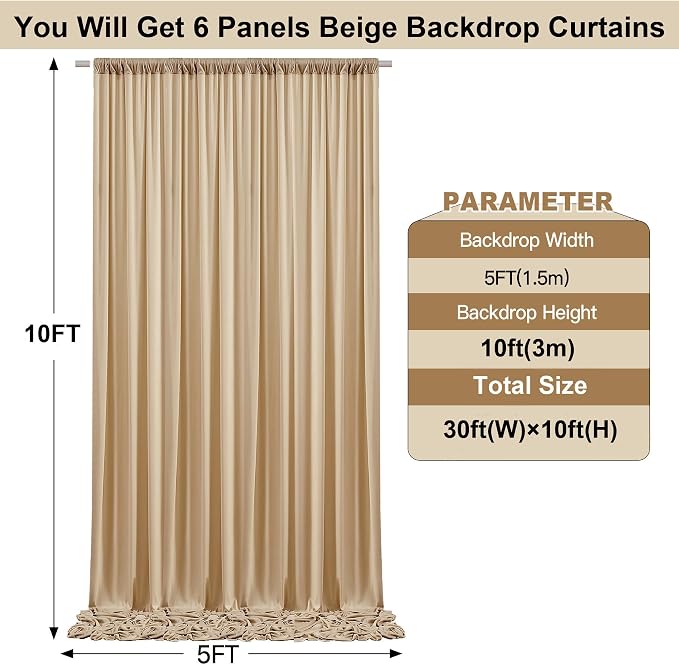30ft x 10ft Wrinkle Free Beige Backdrop Curtains for Parties Weddings, 6 Panels 5×10ft Soft Silk Polyester Photo Backdrop Drapes for Birthday Baby Shower Baptism Photo Photography Background Cloth - Image 2