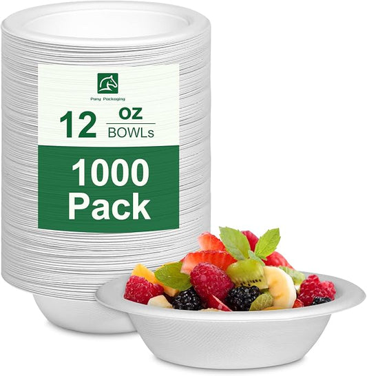 Paper Bowls 12oz, Disposable Bowls Heavy Duty, 1000-Pack 100% Compostable Disposable Soup Bowl, Biodegradable Bagasse Paper Bowls Bulk-White by PonyPackaging