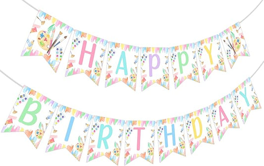 Art Party Decorations Girl Pastel Happy Birthday Banner Pre-Strung Macaron Crayon for Rainbow Painting Drawing Artist Theme Party Supplies