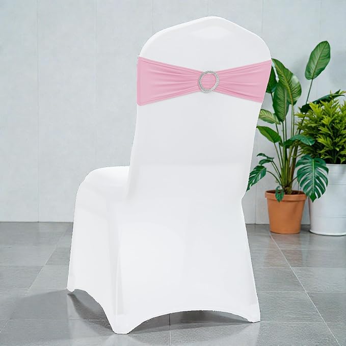 VDS - Pink | Spandex Chair Sashes Bows | 300 PCS | Stretch Elastic Banquet Universal Folding Chair Band Tie with Silver Buckle Slider for Wedding Party Conference Celebration Event Decoration - Image 5