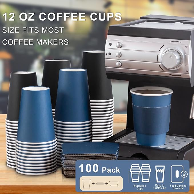 SIUQ 100 Pack 12 oz Coffee Cups with Lids, Disposable Hot Paper Coffee Cups | Black & Blue To Go Paper Cups with Lids and Sleeves for Thanksgiving, Party, Home, Shop, Office, Christmas, Travel and Events - Image 2