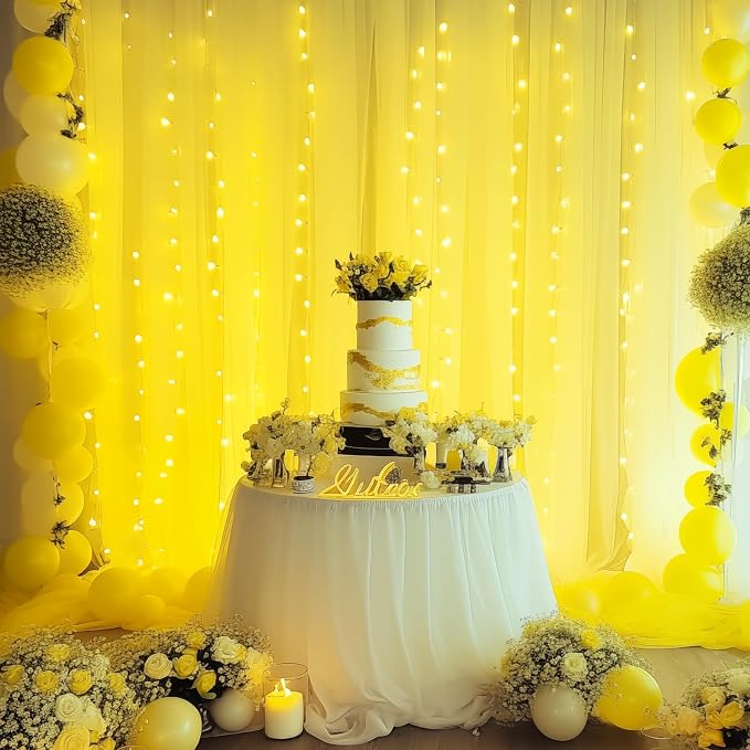 20ft x 10ft Yellow Backdrop Curtain with Lights String for Parties, Sheer Tulle Wedding Photo Backdrops Drapes for Baby Shower Birthday Party Decorations Background for Photography - Image 6