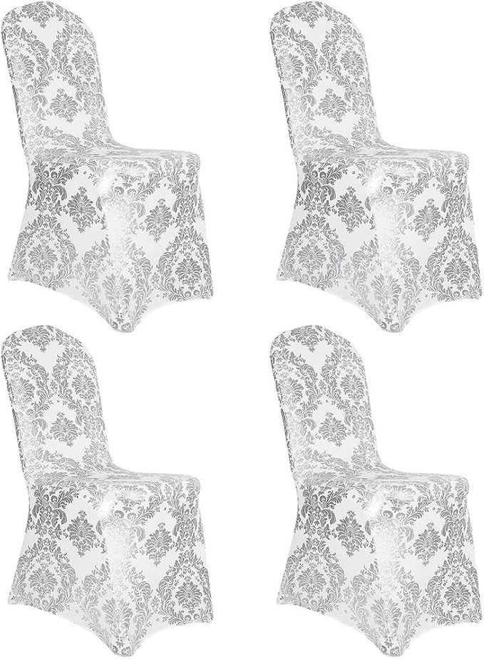 Silver Chair Covers Foil Floral Print, Stretch Fit, 20 Pack | Spandex, Washable, Anti-wrinkle, Armless 4-Leg Chair, Folding Chair Cover, Dining Chair Slipcover for Party Wedding Banquet - Image 6