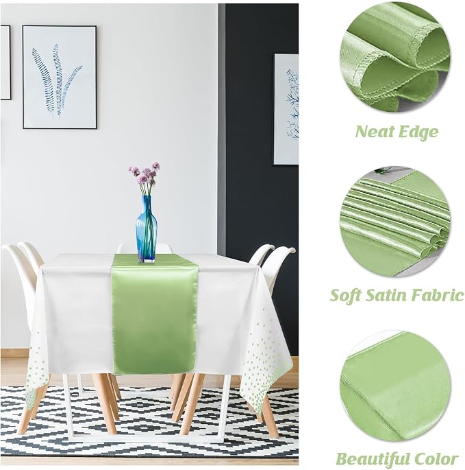 16Pack Plastic Tablecloths and Satin Table Runner Set Disposable White and Sage Green Dot Table Cloth Green Satin Table Runner for Wedding Birthday Baby Shower Anniversary Holiday Party Decorations - Image 3
