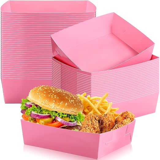 Uiifan 50 Pcs 5 lb Extra Large Paper Food Trays Disposable Food Boat Nacho Plate Serving Snack Trays Grease Resistant Self-assembly for Back to School Party Birthday Wedding Supply (Light Pink) by Uiifan