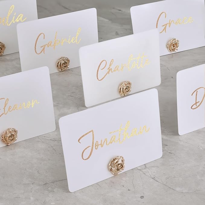 UNIQOOO 12Pcs Decorative Rose Floral Place Card Holders Bulk, Luxury Gold Metal Name Card Stands Set, for Wedding Table Setting, Business Card, Name Tag, Party Food Labels