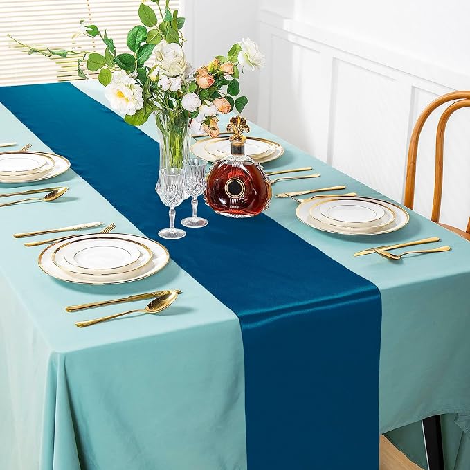 SI Pack of 15 Wedding 12 x 108 inch Satin Table Runner for Wedding, Decorations for Graduations, Engagements, Birthday Parties, Banquets, Runners fit Rectangle, Round Table - Teal Blue - Image 2
