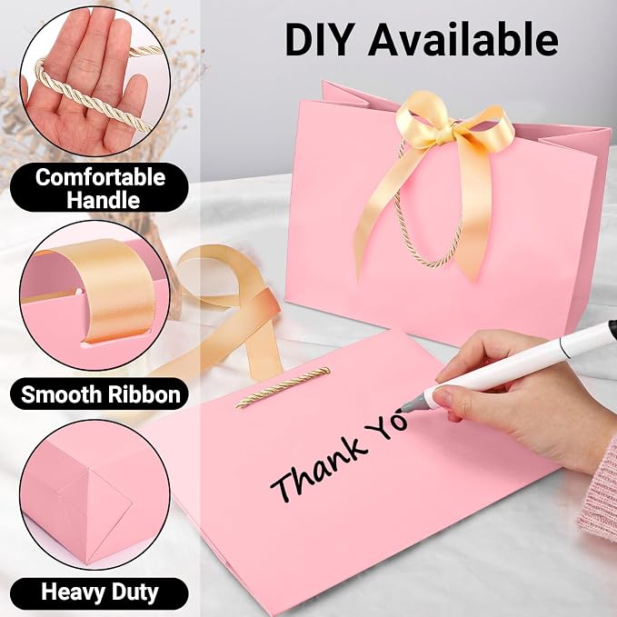 EUSOAR Pink Gift Bags with Ribbon Bow, 50pcs 10.6"x3.1"x8.3" Thank You Gift Bags with Handles, Shopping Wedding Party Favor Paper Bags Gift Treat Bags Bulk for Wedding Baby Shower Guests Bridal - Image 4
