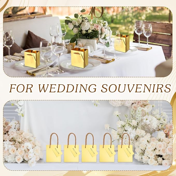 Sherr 100 Pcs Gold Mini Paper Gift Bags with Handles, White Tags | 4x2.75x4.5 in White Paper Bags, Thank You Tags, Party Favors, Wedding, Small Business Packaging, Easter Spring Gifts - Image 2