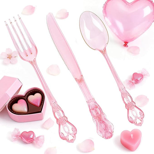 150PCS Pink Plastic Silverware - Heavy Duty Elegant Disposable Utensils - Vintage Valentine Cutlery Set Includes 50Forks, 50Spoons, 50Knives for Dinner Parties Weddings