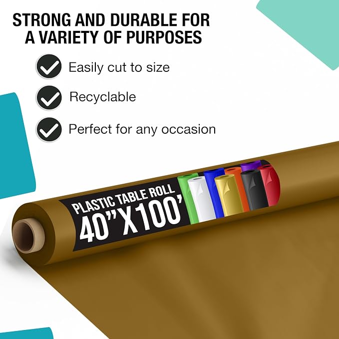 Party Solids Gold Plastic Table Cover Roll Pack of 6, 40" X 100' Table Cloth Plastic Cover Roll - Premium Quality Thick 0.5 MIL Banquet Rolls - Disposable Tablecloth Rolls - Image 2