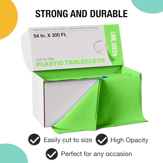 Exquisite Lime Green Plastic 54x300in Tablecloth Roll, Heavy Duty Disposable, Waterproof, Built-in Cutter, 36 Rectangle Table Covers, All-Season - Image 3
