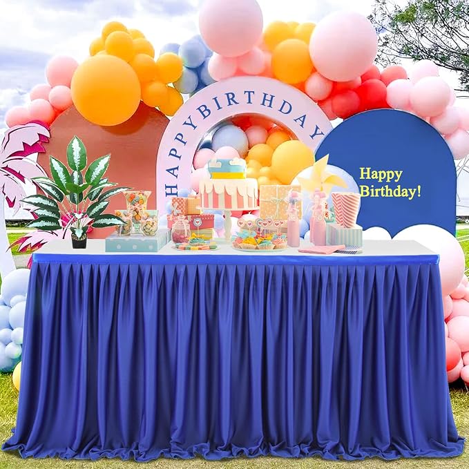 Table Skirt for Teacher Desk Classroom Wedding Birthday, Royal Blue, 11ft | Velcro Clips for Easy Setup, Decorations for Dorm Office Banquet Party Baby Shower Bridal, Kidney Rectangle Tablecloth Cover by Zerenfy