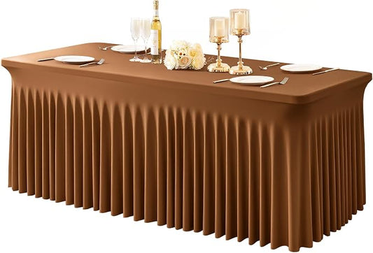 1 Pack Brown Spandex Tableclothes for 8 Foot Rectangle Tables, Wrinkle Free 8ft Fitted Table Cover Stretch Table Cloth Desk Skirt for Weddings Baby Shower Birthday Party Banquet Decorations by PartyTalk