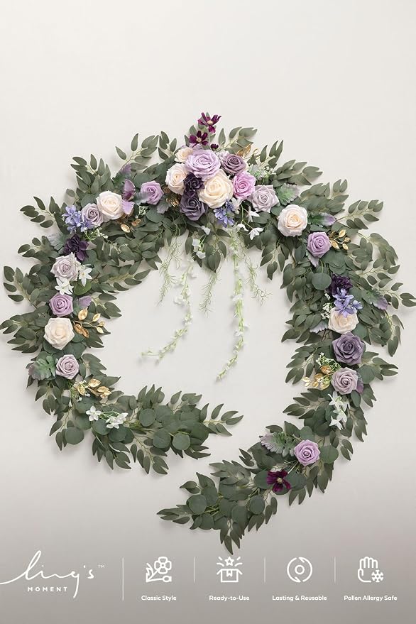 Ling's moment Purple Eucalyptus Flower Garland Wedding Arch 9 FT | Lilac Rose, Artificial Greenery, Sweetheart Table Decor, Floral Garland for Mantle, Centerpieces, Backdrop - Image 8