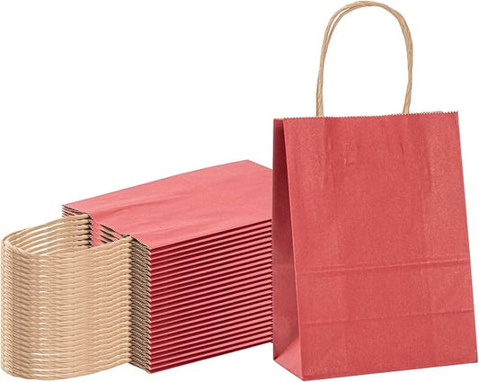 Restaurantware Paper Bags 100 Pack Of 5.9"x 3.15" x 8.27" With Handles Gift Bags Stand-Open Durable Disposable Small Red Retail Grocery Carriers For Party Favors, Shopping, Birthdays, And Goodies by Restaurantware