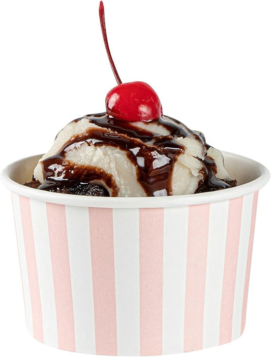 Restaurantware Coppetta 5-Ounce Dessert Cups, 200 Disposable Ice Cream Cups - Lids Sold Separately, Striped, Pink And White Paper FroYo Bowls, For Hot And Cold Foods, Perfect For Gelato Or Mousse by Restaurantware