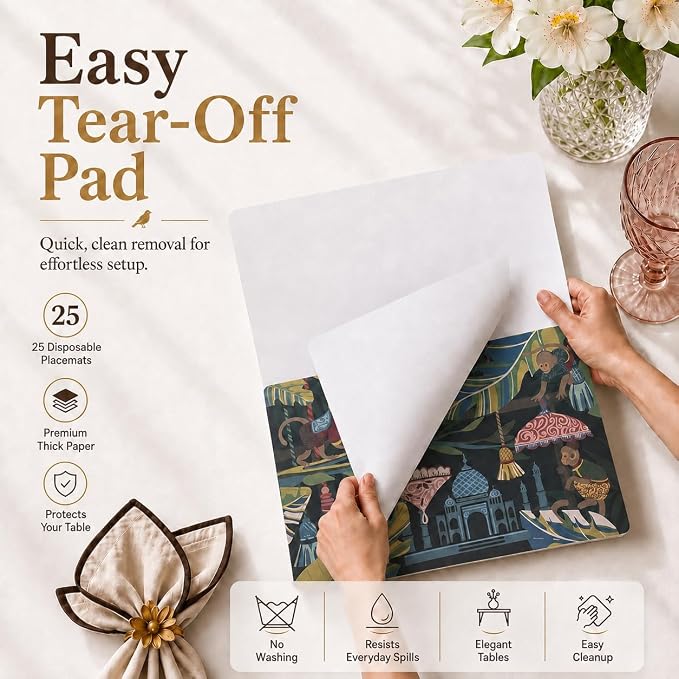 Paper Placemats Design – Monkey Massala Jungle Palace – Malabar Home | Premium Thick Paper | 25-Sheet Tear-Off Pad | Disposable | Reusable | Spill Resistant | Eco-Friendly Soy Ink | 17"x11" - Image 3