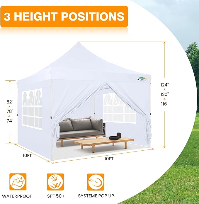 COBIZI 10x10 Pop Up Canopy with 4 Sidewalls, Canopy Tent 10x10 for Parties, Backyard, Commercial, Waterproof and Portable Instant Shelter UV50+ Outdoor Gazebo with 4 Sandbags(White)
