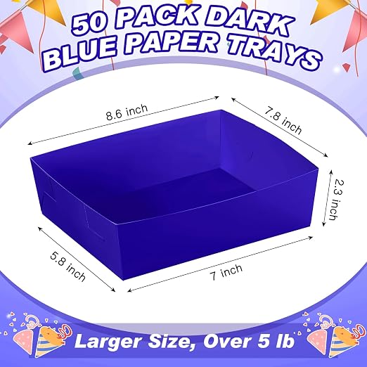 Uiifan 50 Pcs 5 lb Extra Large Paper Food Trays Disposable Food Boat Nacho Plate Serving Snack Trays Grease Resistant Self-assembly for Back to School Party Birthday Wedding Supply (Royal Blue) - Image 3