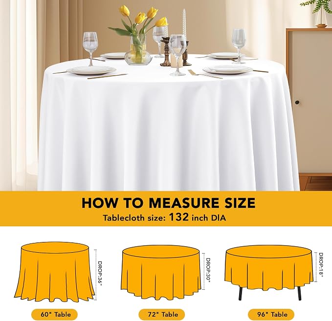 6-Pack White Round Tablecloths, 132 in, for 6-8 Ft Round Tables | Stain-Resistant Polyester - Washable Table Covers for Weddings, Banquets, Birthday Parties, Events - Image 6
