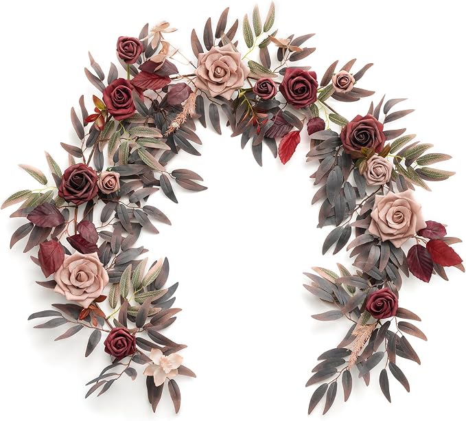 Ling's moment Flower Garland, 5FT Eucalyptus & Rose Burgundy & Dusty Rose | Floral Arch, Table Centerpiece, Rose & Leaves, Wedding Parties & Home Decor by LingsMoment