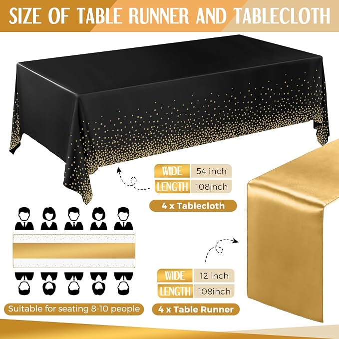 8 Pack New Year Black and Gold Disposable Plastic Tablecloths and Satin Table Runner Set, 54 x 108 Inch Tablecloth, 12 x 108 Inch Table Runners for Wedding Graduation Birthday Baby Shower - Image 2