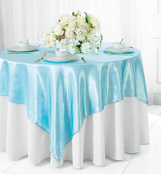 (2 PCS 54" Square Satin Table Overlays Toppers Tablecloths Table Overlay Cover Linens for Wedding Decoration Party Banquet Events - Baby Blue