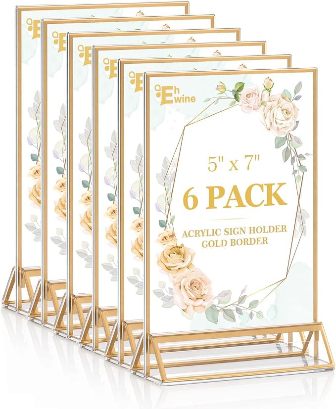 EHWINE 6 Pack Acrylic Sign Holder 5 x 7, Double Sided Gold Picture Frame Stand up Table Top Sign Holders, Clear Display Stand Menu Flyer Holder for Wedding Party by EHWINE