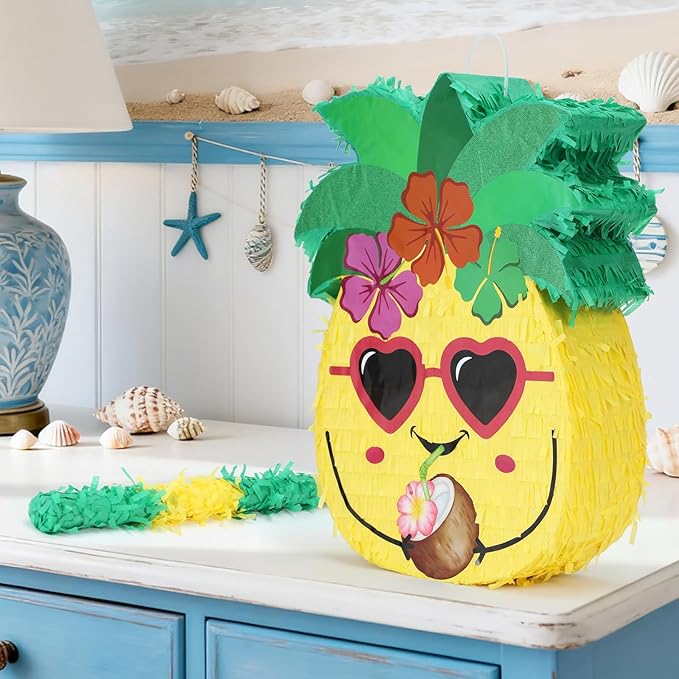 Pineapple Pinatas Bundle with a Blindfold and Bat (15.4x13x4 Inches), Perfect for Summer Beach Theme Birthday Party Supplies, Hawaiian Tropical Fruit Party Decoration Games