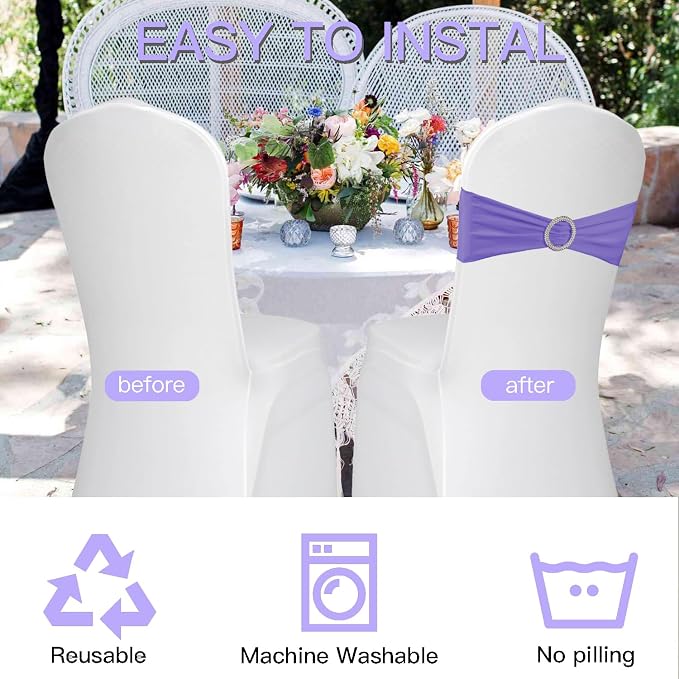 WJWHQ 100PCS Spandex Stretch Chair Sashes Bows Elastic Chair Cover Bands Ties with Buckle Slider for Wedding Party Reception Events Universal Ceremony Banquet Decorations(Light Purple) - Image 4