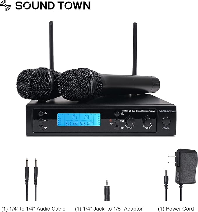Sound Town 200-Channel Professional UHF Wireless Microphone System with 2 Handheld Microphones, for Church, Business Meeting, Outdoor Wedding and Karaoke