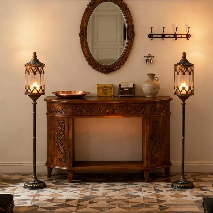 Vintage Floor Candelabra - 37.1" Tall Antique Gold Candle Holder with Glass Lantern, Rustic Gothic Metal Pillar Stand for Home Decor, Wedding & Event Centerpiece