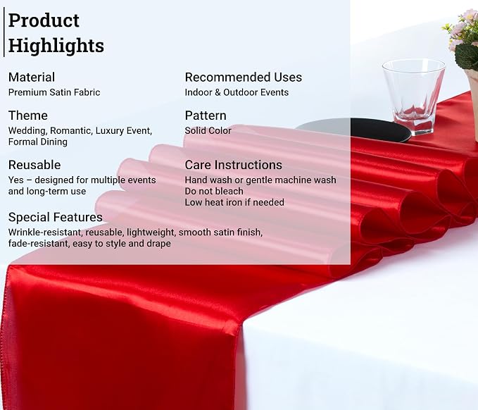 100 PCS Satin Table Runners 12 x 108 Inch Charmeuse Sateen Silk Table Runner for Indoor Outdoor Wedding Reception Birthday Graduation Party Event Banquet Dining Table Decoration - Red - Image 5