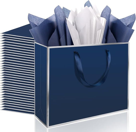Addblu 24 Pack Navy Blue Large Gift Bags with Handles & 72 Tissue Papers | 11.8x10x4 Inches for Thank You, Weddings, Groomsmen, Baby Showers, Birthdays, Christmas & Holidays by Unknown