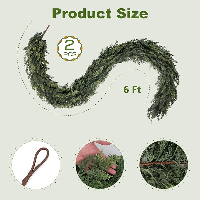 2 Pcs 6 FT Real Touch Cedar Garlands, Realistic Faux Thick Christmas Green Artificial Cedar Garlands for Mantle Table Stairs Wall Outdoor Indoor Christmas Decorations (6 FT, 2 Pcs) - Image 3